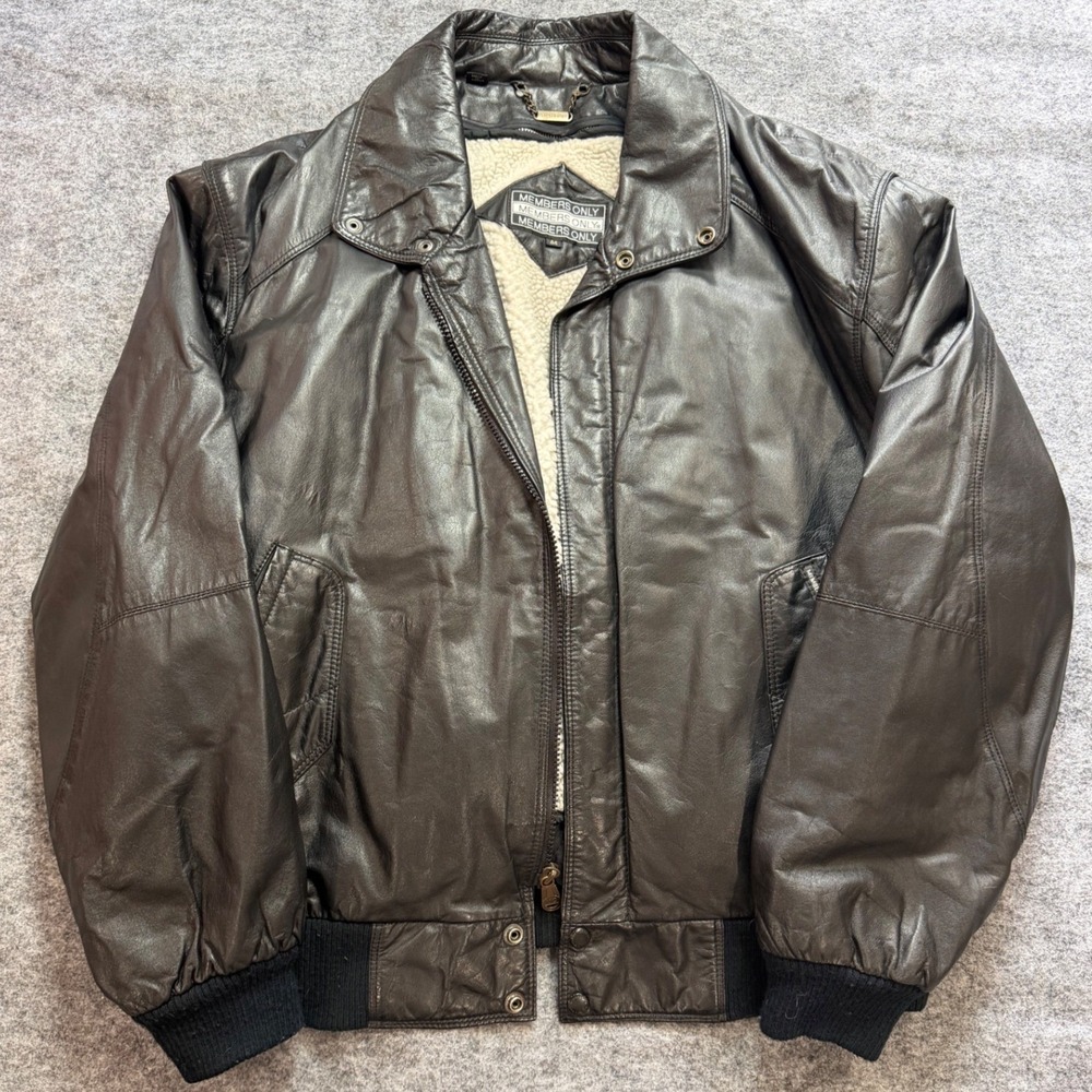 Vintage Members Only Leather Bomber Jacket Removable Sherpa Mens Large Black